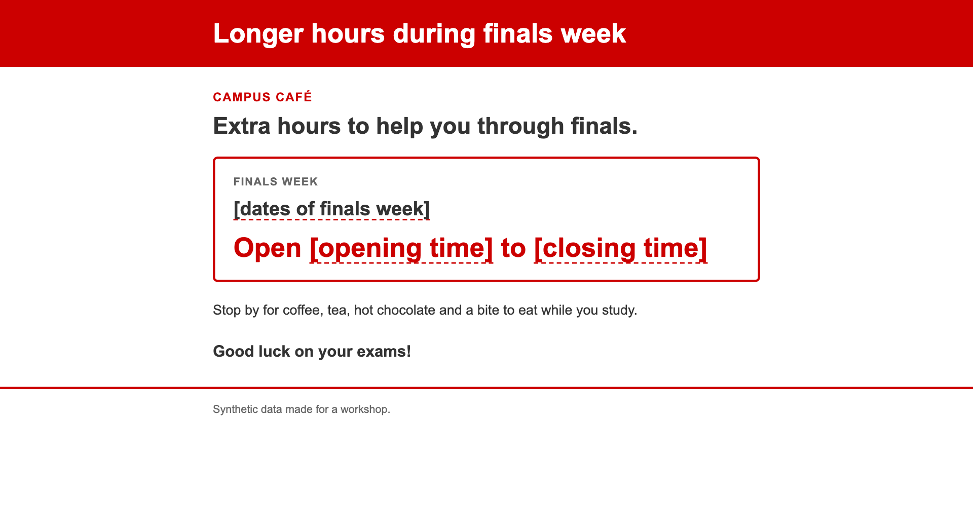 A flyer for the café's finals-week hours