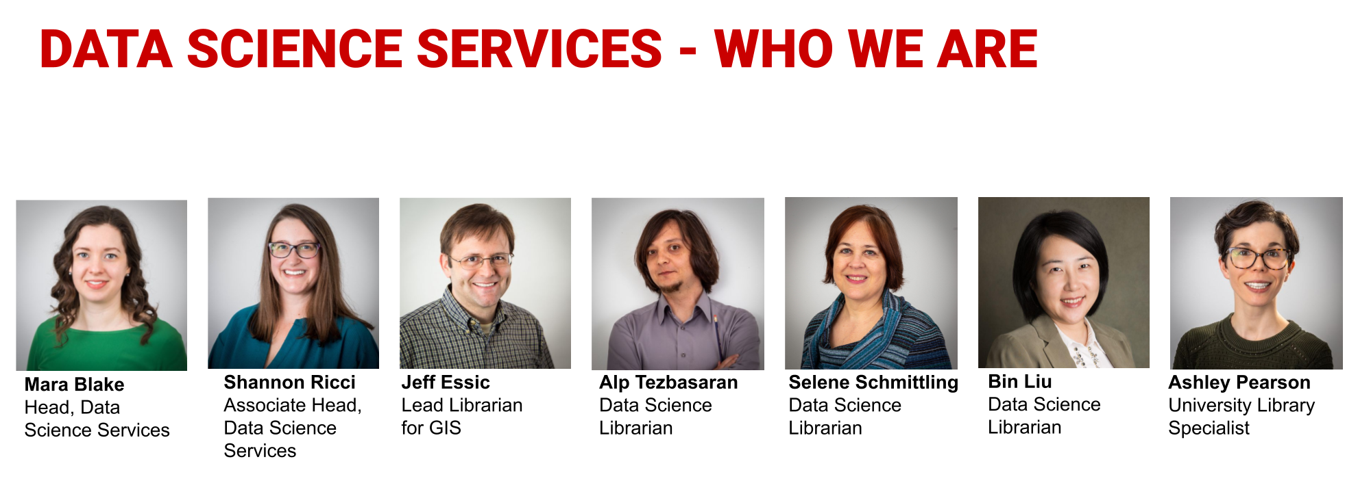 Data Science Services, who we are: Mara Blake, Head, Data Science Services; Shannon Ricci, Associate Head, Data Science Services; Jeff Essic, Lead Librarian for GIS; Alp Tezbasaran, Data Science Librarian; Selene Schmittling, Data Science Librarian; Bin Liu, Data Science Librarian; Ashley Pearson, University Library Specialist