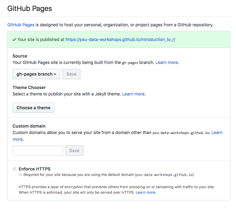 The github pages settings panel