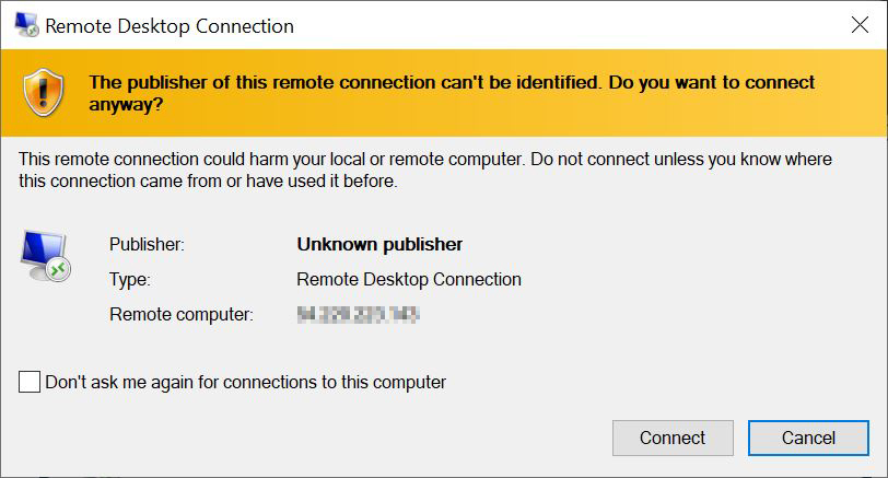 Remote Desktop Connection publisher identity pop-up