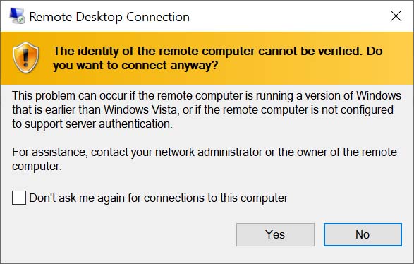 Remote Desktop Connection identity pop-up