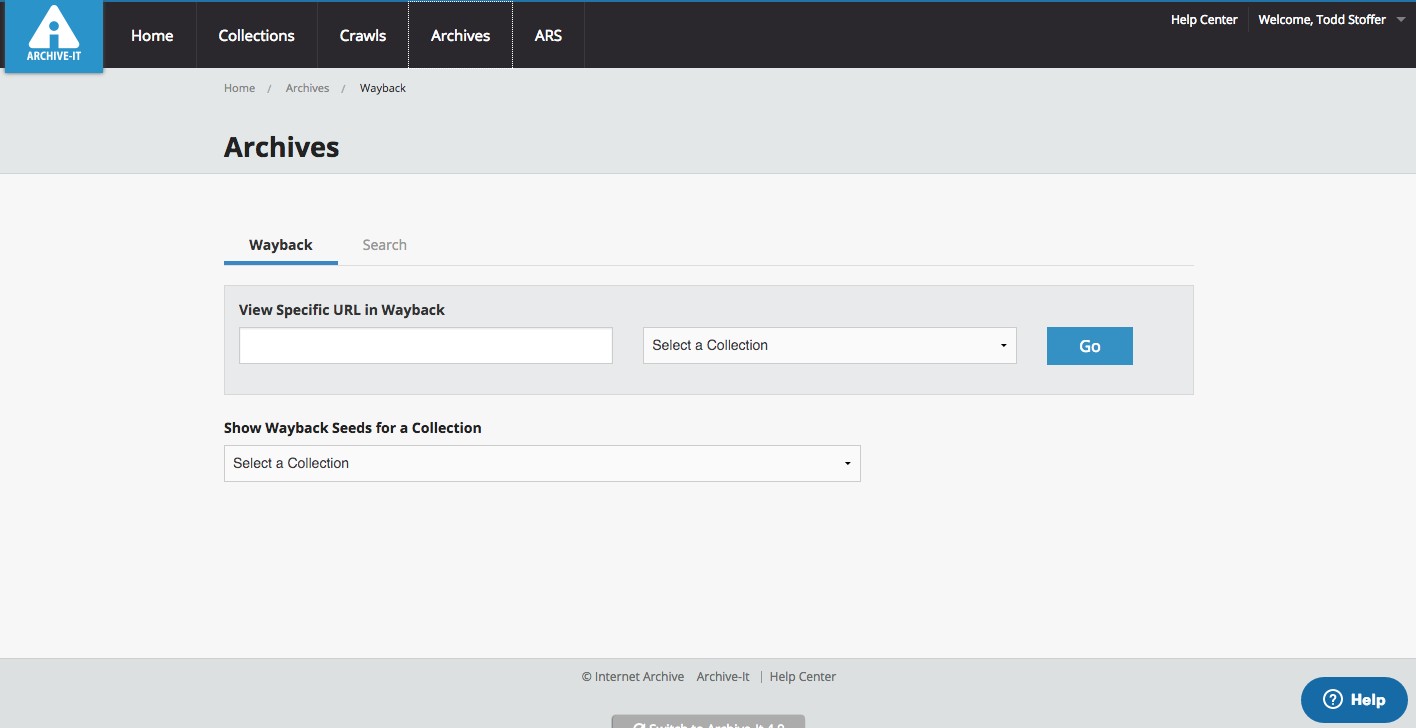 Archives Screen of Archive-It
