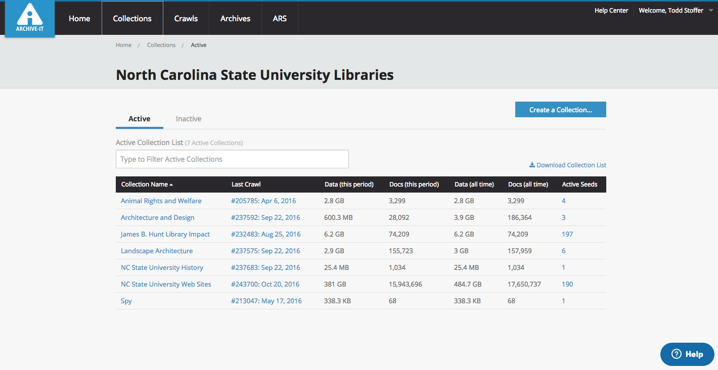 Collections Screen of Archive-It